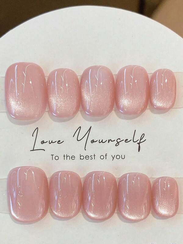 10pcs Reflective Glitter Cat Eye Handmade Press On Nails - Short Oval False Nails For Women And Girls - Nude Pink (3 Size Available) - Glossy Finish
