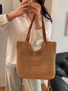 Sac à main de style vacances bord de mer à la mode et polyvalent avec un design ajouré grande capacité, léger et portable, style de sac de plage. Sac à bandoulière à double poignée, un sac de voyage indispensable, convient pour les vacances au bord de et les voyages.