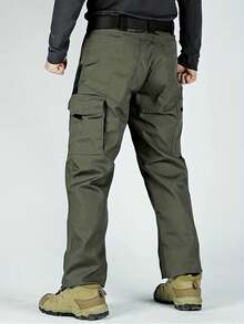 2Pcs Men's Solid & Camo Print Pockets Zipper Waterproof Tactical Cargo Pants Without Belt, Regular Fit Sporty Pockets Durability Trousers For Fall, Wear-Resistant Outdoor Training Pant For Men - 灰色+綠色 - 查看 5