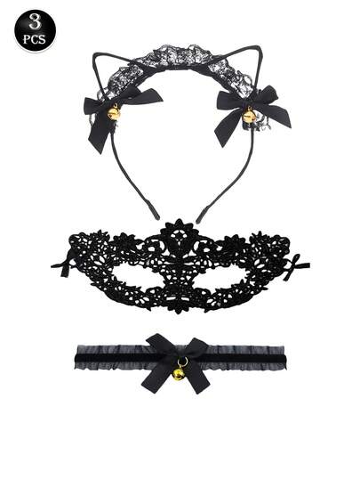 Conjunto de 3 piezas de lencería sexy, con orejas de gato negras, moño, antifaz de encaje, accesorios de disfraz para juegos de rol para mujeres, para fiestas