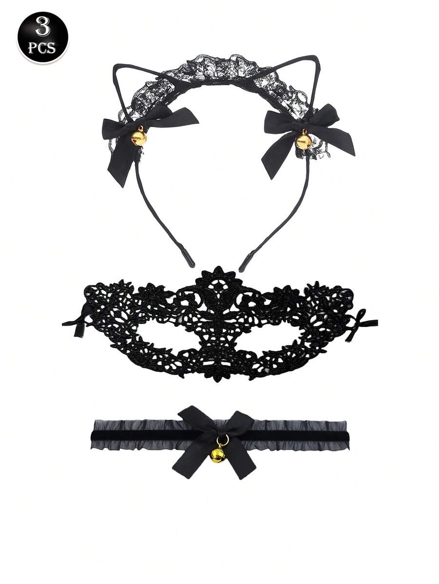 Bộ đồ lót gợi cảm 3 món, tai mèo đen, nơ, bịt mắt ren, phụ kiện trang phục nhập vai cho nữ, Rave - màu đen - Xem 1