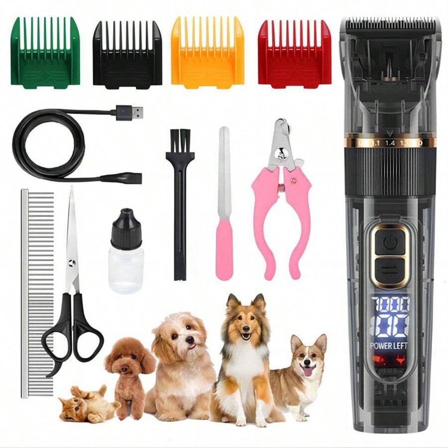 Hair Clipper for Cats and Dogs - Heavy Duty Cat and Dog Hair Trimmer, Silent Cordless Electric Shaver with USB Rechargeable - Negro - Ver 1