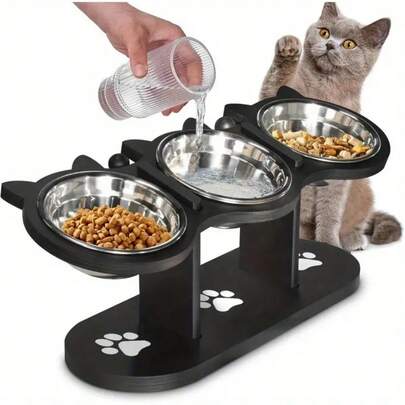Adjustable Height Cat Food Bowl, 3 Stainless Steel Raised Cat Bowls With Black Riser, 15° Tilted Angle, Cat Food And Water Bowl Set
