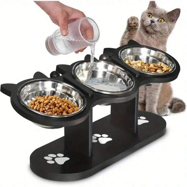 Raised Cat Food Bowls For Indoor Cats, Elevated Cat Bowls, Adjustable Heights Pet Bowl With Black Shelf, 3 Stainless Steel Elevated Cat Bowls Stand With 15°Tilted, Cat Food And Water Bowl Set