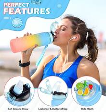 1L Bottle With Straw,Bottle Dishwasher ,Leak-Proof Sports Drinks Bottle With Maker & Bottle Brush,Running,Cycling, Gym, School & Office,Black - 藍色漸變 - 查看 3