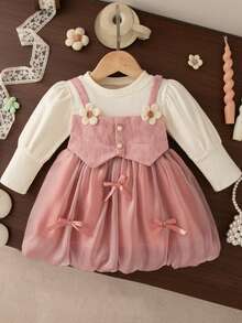 女婴花朵蝴蝶结装饰长袖公主裙，针织拼布二合一甜美派对连衣裙，适合春秋季 - 粉色 - 查看 1