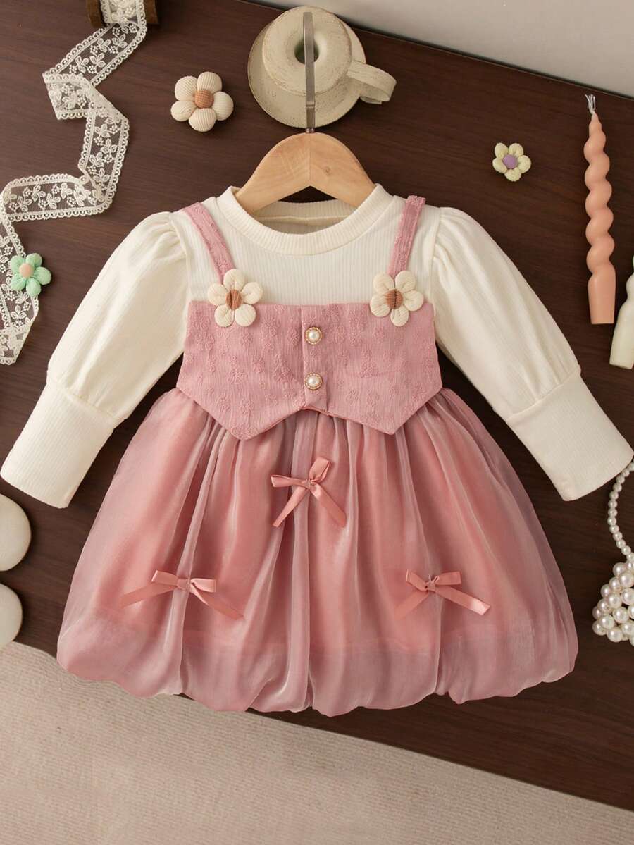 女婴花朵蝴蝶结装饰长袖公主裙，针织拼布二合一甜美派对连衣裙，适合春秋季 - 粉色 - 查看 1