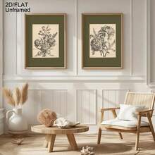 2D/平面，无框，2 件/套鼠尾草绿色墙壁装饰艺术画，复古风格印刷品，深绿色植物帆布海报，花卉素描艺术印刷品，花卉绘画艺术，古董印刷品，房间装饰，客厅装饰艺术，现代家居墙壁装饰艺术，理想的家居礼物创意，适用于客厅书房卧室走廊装饰艺术画