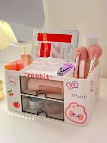 1 pieza Caja de almacenamiento de maquillaje, organizador de escritorio con cajón, estuche de exhibición de cosméticos de gran capacidad con múltiples rejillas, soporte para brochas de maquillaje, apto para guardar lápiz labial, joyería, manicura, productos para el cuidado de la piel, organizador de tocador de baño, decoración de tocador, contenedor de artículos de oficina, suministros de vuelta al colegio, regalo navideño, regalo de Navidad