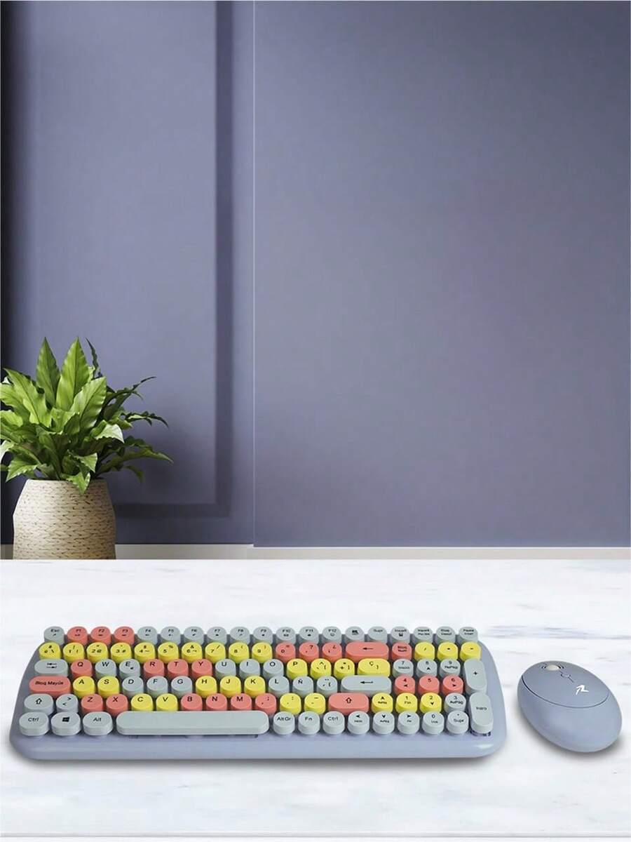 Redlemon Wireless Keyboard And Mouse With USB Receiver And Retro Vintage Design Of Round Typewriter Keys, QWERTY Layout In Spanish. - 查看 1
