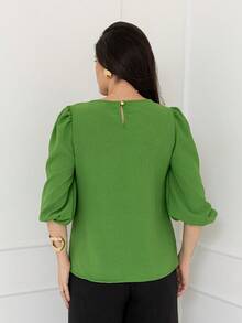 Women's Blouse With 3/4 Sleeves In Plain Dune Fabric - 橄欖綠 - 查看 3