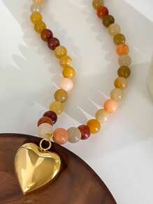 1pc Stainless Steel Heart Pendant Necklace With Mixed Natural Stones, Suitable For Daily Wear (Natural Stone Color Random)