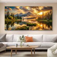 无框帆布艺术印刷品 - 金色日出、雪山倒映水面、现代客厅或卧室墙壁装饰、帆布墙面艺术 - 彩色 - 查看 5