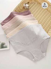 5 Pack Maternity Underwear, Lace Decor, Adjustable Waist Design, Comfortable Belly Support, Suitable For Pregnant Women In Middle To Late Stage