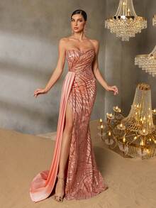 Faeriesty 奢华亮片和串珠美人鱼礼服 - 无肩带，后背交叉带，高开衩，露出鱼鳞亮片装饰，喇叭形薄纱裙摆，适合出席正式晚宴、新娘宴会和红毯晚会