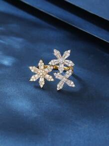 1pc Copper Material Zirconia Snowflake Design Open Ring, Fashionable And Elegant, Suitable For Gifts, Women's Daily And Holiday Wear