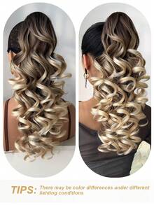 20 Inch Deep Brown Wavy Clip-In Ponytail Hair Extensions, Soft & Natural, Synthetic Hair, For Women - Brown Ombre - View 9