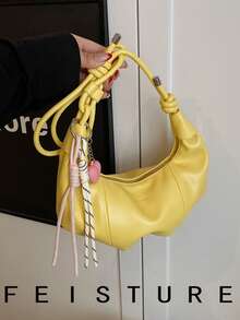 1 Pc Solid Color PU Shoulder Bag, Fashion Large Capacity Crescent-Shaped Women Purse, Suitable For Adult Women Fashion Outfits And Outdoor Shopping - Yellow - View 3