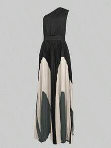 2025 Summer Fashion Contrast Color Party Dress Asymmetric One-Shoulder High Waist Full Length Evening Gowns For Women - 黑色 - 查看 3