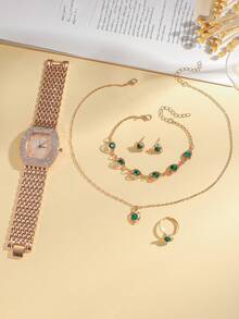 5 件套全新时尚水钻装饰钢带女士石英腕表，带罗马数字表盘，另加水钻心形吊坠配件，无礼盒 - 彩色 - 查看 3