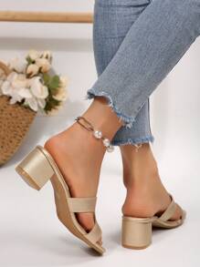 Teen Girls Low Heel Sandals, Gold PU Leather, Suitable For Beach, Resort, Dance Party, Daily Wear, Summer