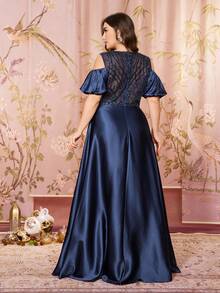 SUPGIR Plus Women's Round-Neck Falling Shoulder Sleeves Sequin Patchwork Satin Mesh Fabric Design Elegant Slim-Fitting Evening Dress - Navy Blue - View 2