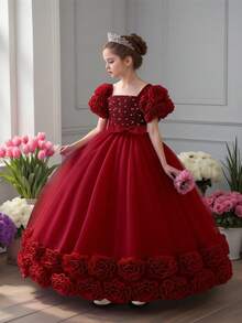 Tween Girls 3D Floral Sequin Mesh Birthday Party Dress, Suitable For Prom, Celebration, Family Gathering, Excluding Headband - Burgundy - View 1