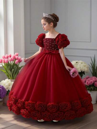 少女3D立体花朵亮片网纱生日派对连衣裙，适合舞会、庆祝活动、家庭聚会等场合，不含头饰