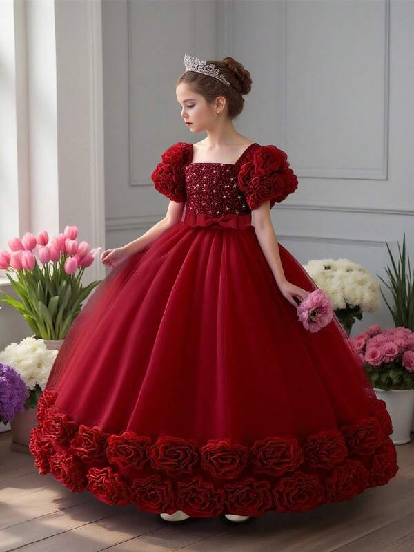 Vestido de fiesta con malla con lentejuelas 3D y detalles florales para niñas preadolescentes, adecuado para actuaciones, celebraciones y reuniones familiares, sin incluir accesorios
