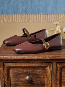 Mocasines casuales con punta cuadrada y hebilla decorativa marrones para mujer, con botón dorado, versátiles para oficina, exterior, primavera/verano, clásicos bailarinas para mujer - Marrón - Ver 4