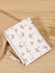 女士时尚新款蝴蝶结印花短款钱包零钱包时尚拉链款卡夹钥匙和现金通用小收纳包女士钱包女式钱包迷你钱包零钱包小钱包可爱钱包 - 白色 - 查看 2