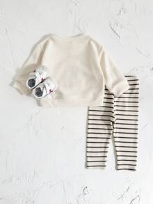 2 件套女婴服装套装：可爱北极熊刺绣白色长袖运动衫 + 打底裤，春秋 - 米色 - 查看 8