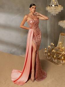 Faeriesty Faeriesty Luxury Sequin & Beaded Mermaid Gown - Strapless With Cross Back Straps, High Slit Revealing Fish-Scale Sequin Accents, Flared Tulle Train Overlay For Black Tie Affairs, Bridal Banquets, Red Carpet Galas