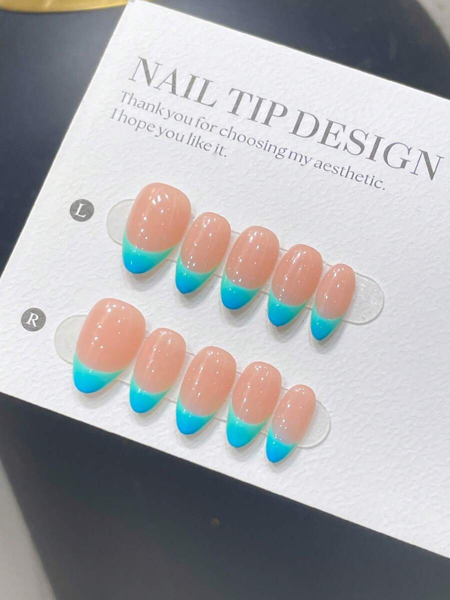 10 Pieces Of Pure Handmade Almond-Shaped Nail Art Patches, Refreshing And Simple Style Hand-Painted Blue-Green French Pointed Nude Base,Handmade Press On Nails,High-End Simulation False Nail Set, Suitable For Summer Wear,Can Be Reused Repeatedly - 藍色 - 查看 1