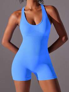 Yefecy Yoga Basic Solid Rib-Knit Seamless Sports Romper,Ribbed Solid Color Fashion Sports Jumpsuit,High Elastic Yoga Bodysuit,Women's Activewear,Spring And Summer Shapewear Bodysuit - 淺藍色 - 查看 4