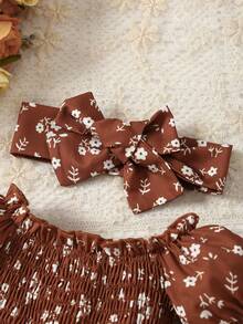 Baby Girl Embracing Bubble Sleeves Flower Printed Skirts Ha Yi - màu nâu - Xem 4