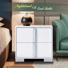 Mesita de noche moderna con cajones - Acabado UV de alto brillo de 23.6 pulgadas y asa plateada, mesa de noche para dormitorio - Blanco - Ver 7