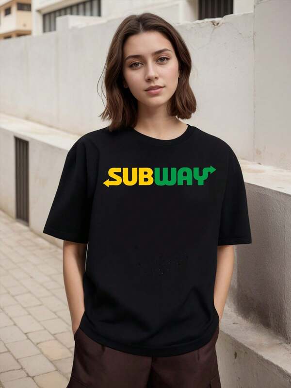 Men Plus Size Men Black Cotton Subway Graphic T-Shirt With Yellow-Green Arrow Design – Casual Short Sleeve Round Neck Machine Washable Micro-Elastic Fabric Summer Style Essential 220g Big Size L-3XL 4XL 5XL