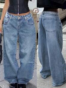 Women's High Waist Casual Y2k Streetwear Baggy Distressed Vintage Washed Wide Leg Jeans - 中等水洗藍 - 查看 4