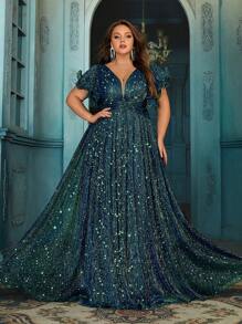 QOQ 大码女士亮面正式派对连衣裙，适合晚宴、生日派对、宴会等场合，荷叶边短袖褶皱后背拉链长款连衣裙，夏季 - 綠色 - 查看 3