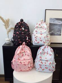 1pc, Versatile, Fashionable, High-Value, Niche Design, Casual, Cute, Sweet, Hand-Held Backpack, Fabric Letter Strawberry Print, Adjustable Shoulder Strap, Large Capacity, Multi-Pocket Backpack, Suitable For Women'S Daily Commuting And Going Out For Shopping And Play