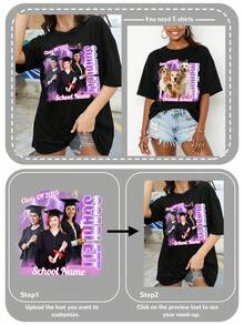定制 Y2K 女式超大 T 恤，上传您的自拍/朋友/宠物照片，输入您的文字/祝福/姓名/有意义/有趣的文字，女士黑色休闲宽松短袖 T 恤，节日礼物，毕业礼物，返校礼物，音乐节欢呼，纪念礼物，创意礼物，情侣/好友搭配，团队建设制服，企业定制 - 黑色 - 查看 4
