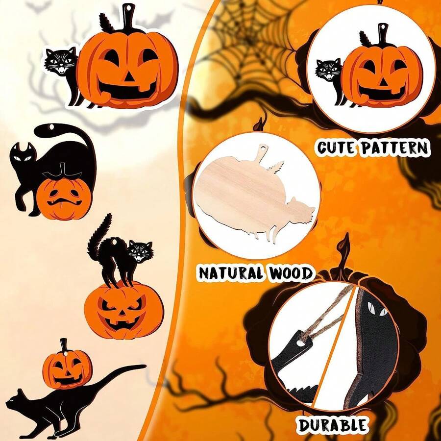 12/8件万圣节木制南瓜黑猫装饰挂件鬼节家居场景装饰摆件复古木制节日礼物装饰摆件