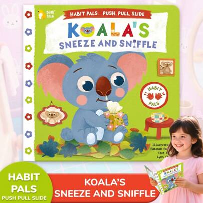 beartale 1 طقم كتاب مشغول للأطفال بأزرار الدفع والسحب والانزلاق، عطس الكوالا وزكام، يعزز عادات النظافة الجيدة والمهارات المستقلة، كتاب نشاط، لعبة تعليمية مبكرة، كتاب مشغول بتوضيحات حية، ألعاب تعليمية مبكرة، كتب تفاعلية