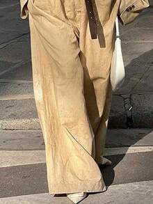 2025 New Women's Loose Fit Casual Jumpsuit Two-Piece Suit Long Sleeves Belted Strapless Wide Leg Long Coveralls - Màu Khaki - Xem 4