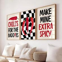 3 stuks, oningelijst, keukenmuurkunst, chilipeperprint, rood-zwarte decoratie, moderne keukendecoratie, foodie cadeau voor hem/haar, esthetische kunst, barwagenkunst, wanddecoratie, canvaskunst voor woonkamer, slaapkamer, kantoor, café, slaapzaal, gang, huis- en kamerdecoratie