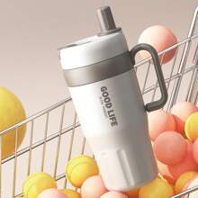 Leak-Proof 304 Stainless Steel Insulated Travel Mug, With Foldable Straw-Sipping Lid And Handle, For Hot/Cold Drinks Back To School