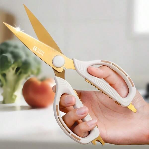 Tijeras japonesas multiusos, con mango ergonómico y cómodo, que cortan fácilmente carne y vegetales, fabricadas con material de acero inoxidable de titanio talla grande duradero y afilado, fáciles de limpiar. Ideales para la cocina, costura, manualidades, oficina y hogar. Color dorado.
