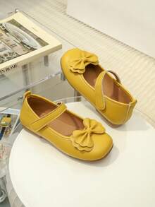 1 Pair Yellow Bow Girls' Shoes With PU Bound Toe, Adjustable Hook-And-Loop Design, Round Toe, TPR Non-Slip Sole, Comfortable & Lightweight, Solid Color, Suitable For 5-14 Years Old Girls, Campus, Activities, Formal Occasions And Daily Wear - Yellow - View 5