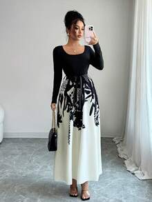 Women's Mixed Color Print Drawstring Round Neck Short/Long Sleeve Dress, Autumn Elegant - Multicolor - View 3